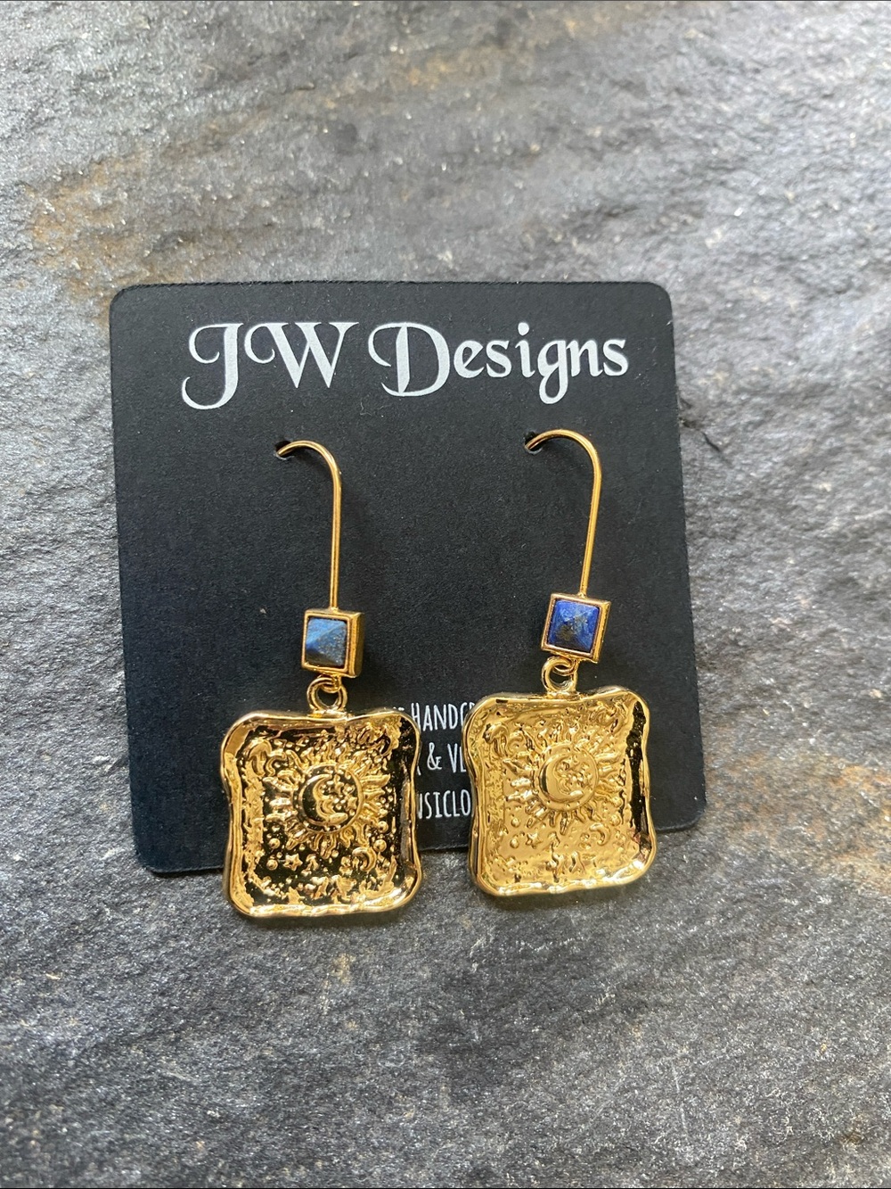 JW Designs Gold Tone Sun & Moon Drop Earrings with Blue Accent